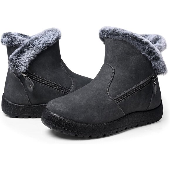 Women's Waterproof Snow Boot Warm Ankle Fur Lined Booties Insulated Shoes Grey - Picture 3 of 6